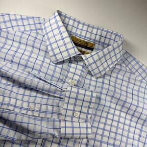 Roundtree Yorke Gold Label Shirt Mens 16.5 35 Fitted Blue Plaid Non Iron Cotton